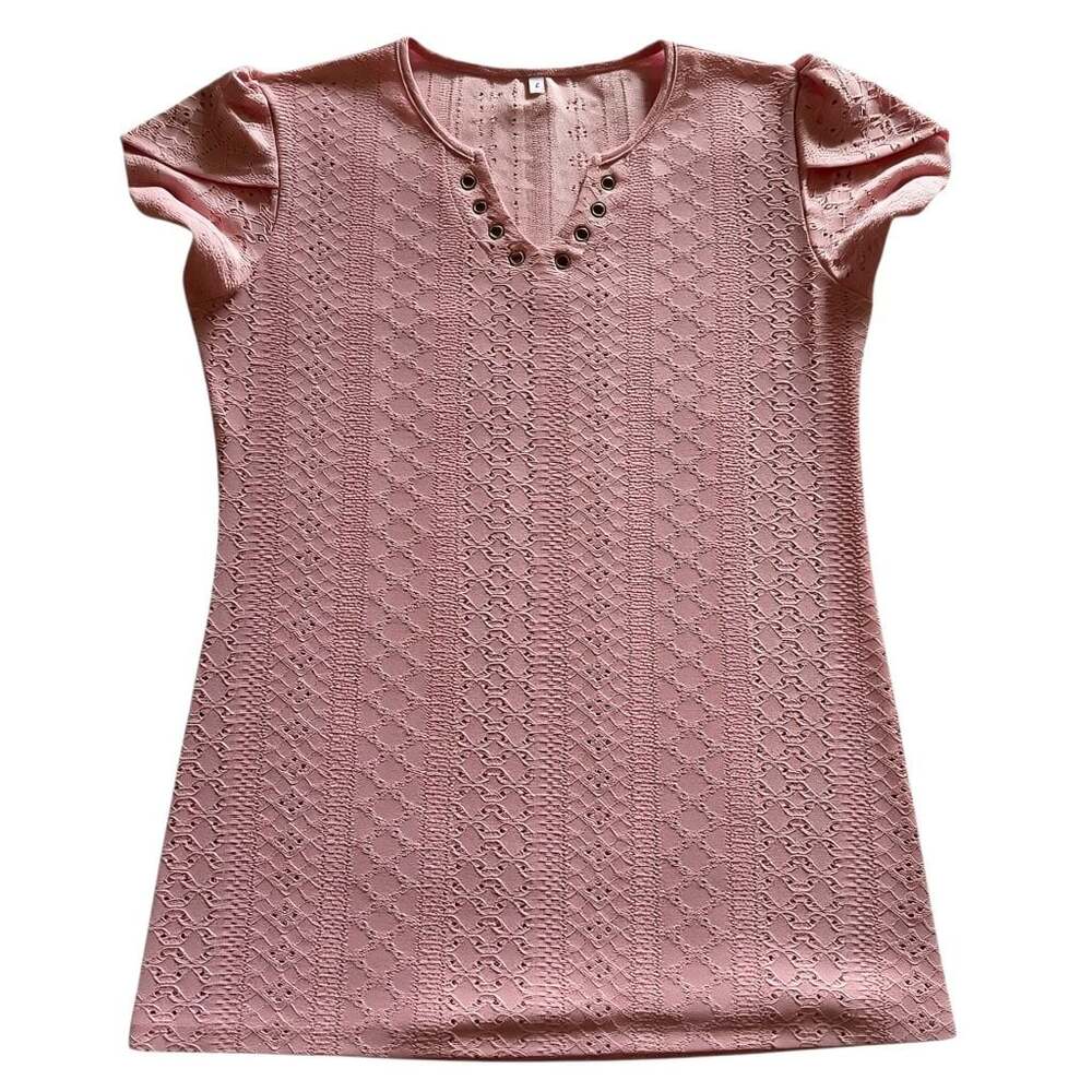 WNEEDU Women's V-Neck Eyelet Embroidered Short Sleeve Blouse